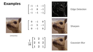 Examples
Edge Detection
Sharpen
Gaussian Blur
(wikipedia)
 