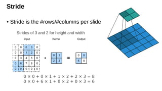 Stride
• Stride is the #rows/#columns per slide
Strides of 3 and 2 for height and width
0 × 0 + 0 × 1 + 1 × 2 + 2 × 3 = 8
0 × 0 + 6 × 1 + 0 × 2 + 0 × 3 = 6
 