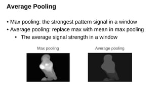 Average Pooling
• Max pooling: the strongest pattern signal in a window
• Average pooling: replace max with mean in max pooling
• The average signal strength in a window
Max pooling Average pooling
 