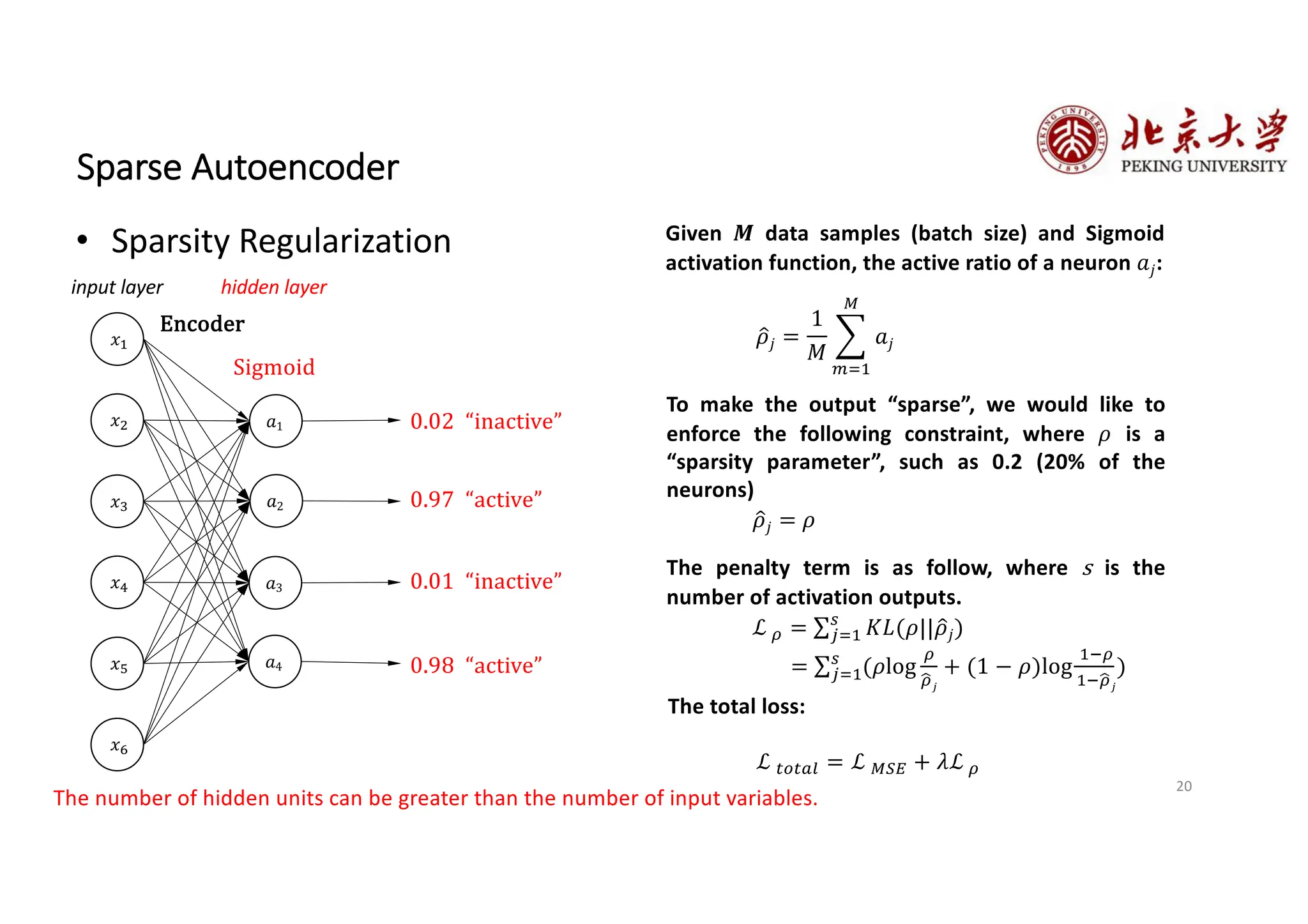 20
Sparse Autoencoder
• Sparsity Regularization
𝑥!
𝑥"
𝑥#
𝑎1
𝑎2
𝑎3
𝑥$
𝑥%
𝑥&
𝑎4
hidden layer
input layer
0.02 “inactive”
0.97 “active”
0.01 “inactive”
0.98 “active”
Sigmoid
^
𝜌𝑗 =
1
𝑀
$
"%&
!
𝑎𝑗
Given 𝑴 data samples (batch size) and Sigmoid
activation function, the active ratio of a neuron 𝑎𝑗:
To make the output “sparse”, we would like to
enforce the following constraint, where 𝜌 is a
“sparsity parameter”, such as 0.2 (20% of the
neurons)
^
𝜌𝑗 = 𝜌
The penalty term is as follow, where s is the
number of activation outputs.
ℒ ' = ∑(%&
)
𝐾𝐿(𝜌|| ^
𝜌𝑗)
= ∑(%&
)
(𝜌log
'
*
'!
+ (1 − 𝜌)log
&+'
&+*
'!
)
ℒ ,-,./ = ℒ !01 + 𝜆ℒ '
The total loss:
Encoder
The number of hidden units can be greater than the number of input variables.
 