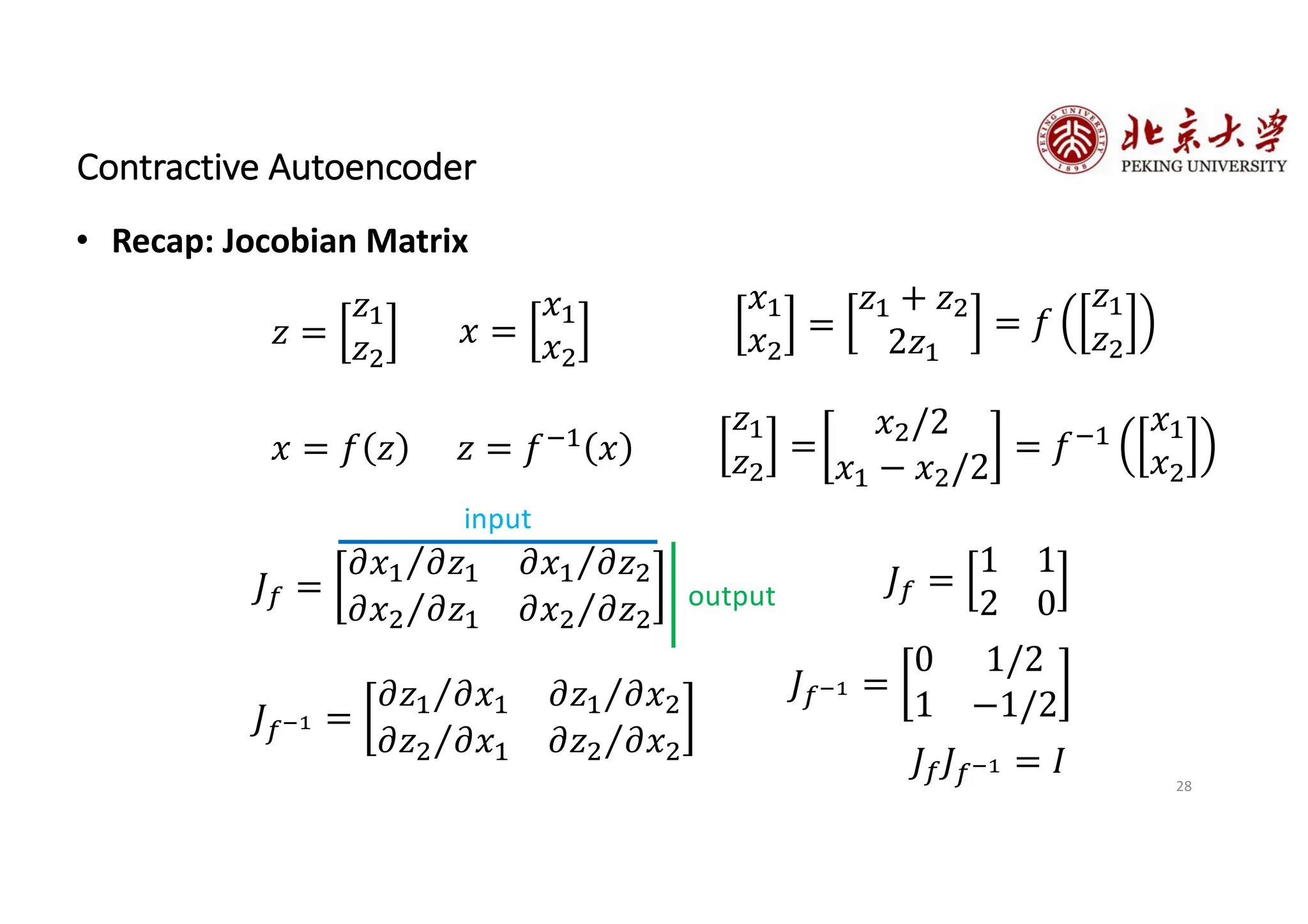 𝑥 = 𝑓 𝑧
𝑧 =
𝑧!
𝑧"
𝑥 =
𝑥!
𝑥"
𝐽# =
⁄
𝜕𝑥! 𝜕𝑧! ⁄
𝜕𝑥! 𝜕𝑧"
⁄
𝜕𝑥" 𝜕𝑧! ⁄
𝜕𝑥" 𝜕𝑧"
𝐽#!" =
⁄
𝜕𝑧! 𝜕𝑥! ⁄
𝜕𝑧! 𝜕𝑥"
⁄
𝜕𝑧" 𝜕𝑥! ⁄
𝜕𝑧" 𝜕𝑥"
𝑧 = 𝑓$! 𝑥
𝑧! + 𝑧"
2𝑧!
= 𝑓
𝑧!
𝑧"
𝐽# =
1 1
2 0
𝑥!
𝑥"
=
𝑥"/2
𝑥! − 𝑥"/2
= 𝑓$! 𝑥!
𝑥"
𝑧!
𝑧"
=
𝐽#!" =
0 1/2
1 −1/2
input
output
𝐽#𝐽#!" = 𝐼 28
Contractive Autoencoder
• Recap: Jocobian Matrix
 