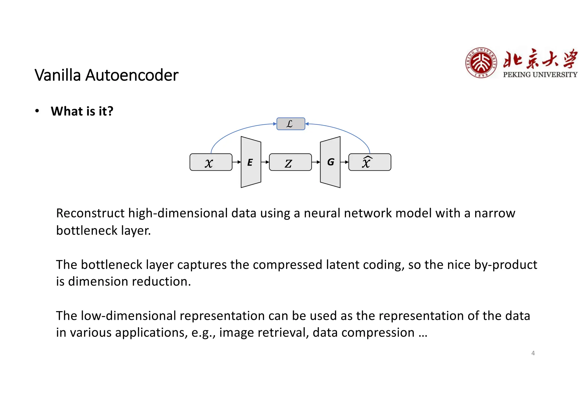 4
Vanilla Autoencoder
• What is it?
Reconstruct high-dimensional data using a neural network model with a narrow
bottleneck layer.
The bottleneck layer captures the compressed latent coding, so the nice by-product
is dimension reduction.
The low-dimensional representation can be used as the representation of the data
in various applications, e.g., image retrieval, data compression …
!
𝑥
𝑧
𝑥
ℒ
 