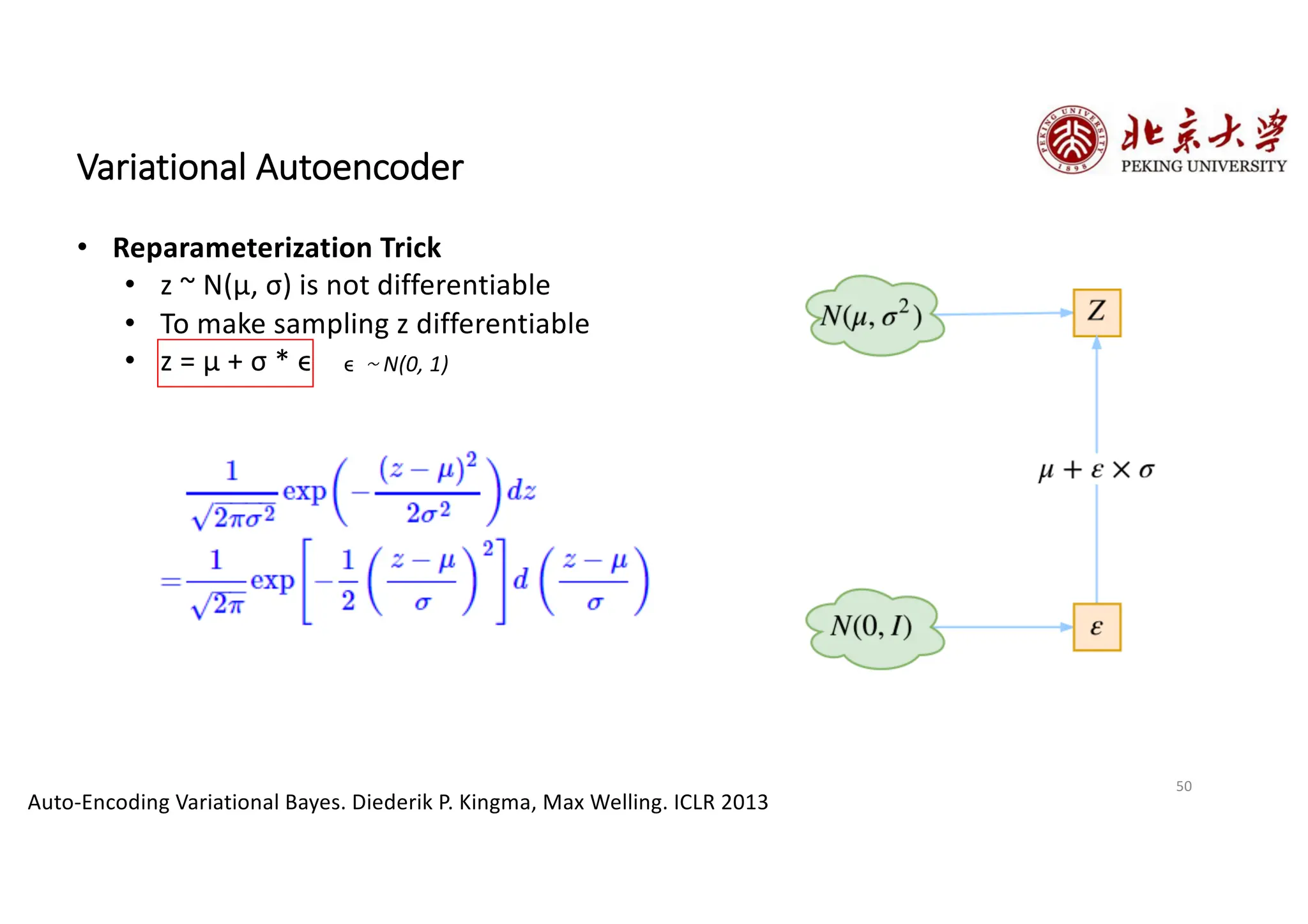 50
Variational Autoencoder
• Reparameterization Trick
• z ~ N(μ, σ) is not differentiable
• To make sampling z differentiable
• z = μ + σ * ϵ
Auto-Encoding Variational Bayes. Diederik P. Kingma, Max Welling. ICLR 2013
ϵ ～N(0, 1)
 