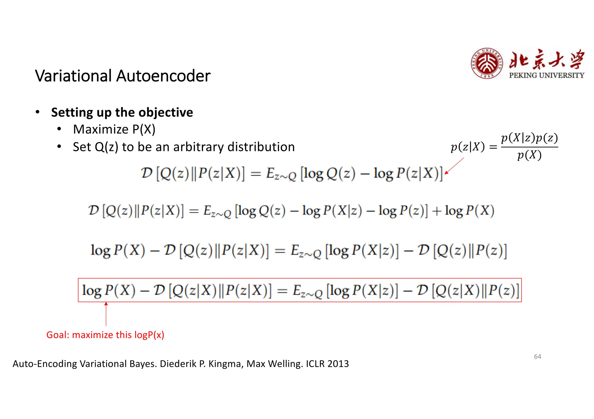 64
Variational Autoencoder
Auto-Encoding Variational Bayes. Diederik P. Kingma, Max Welling. ICLR 2013
• Setting up the objective
• Maximize P(X)
• Set Q(z) to be an arbitrary distribution 𝑝 𝑧 𝑋 =
𝑝 𝑋 𝑧 𝑝(𝑧)
𝑝(𝑋)
Goal: maximize this logP(x)
 