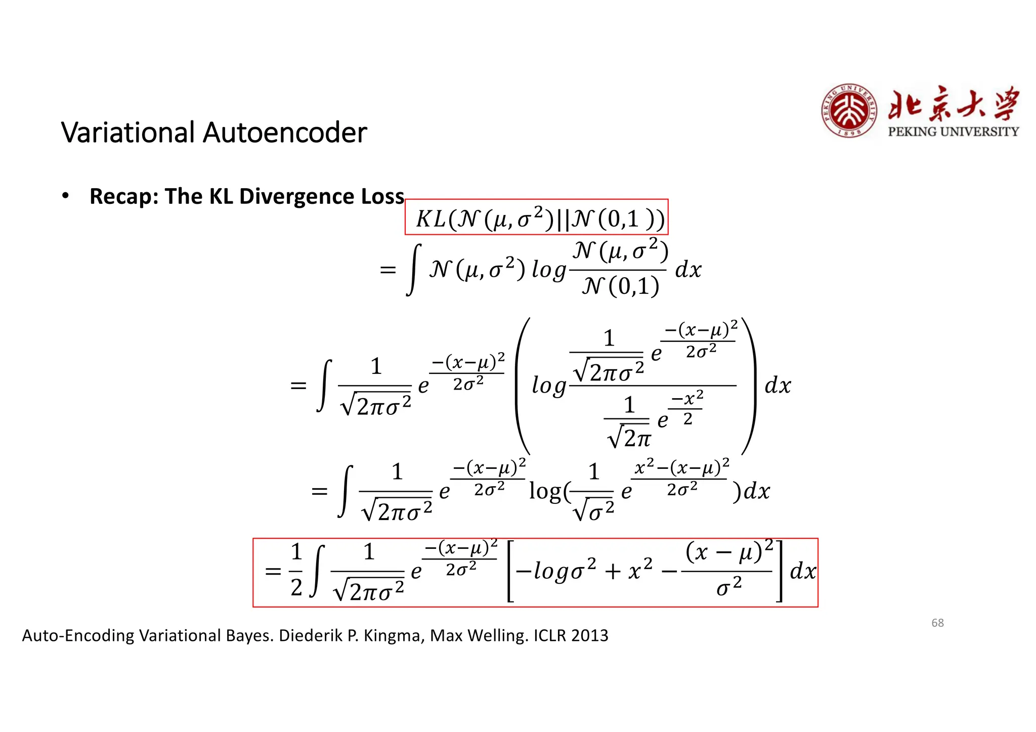 68
Variational Autoencoder
• Recap: The KL Divergence Loss
Auto-Encoding Variational Bayes. Diederik P. Kingma, Max Welling. ICLR 2013
𝐾𝐿(𝒩(𝜇, 𝜎•)||𝒩 0,1 )
= O 𝒩 𝜇, 𝜎• 𝑙𝑜𝑔
𝒩(𝜇, 𝜎•
)
𝒩 0,1
𝑑𝑥
= O
1
2𝜋𝜎•
𝑒
„ …„† 5
•‡5
𝑙𝑜𝑔
1
2𝜋𝜎•
𝑒
„ …„† 5
•‡5
1
2𝜋
𝑒
„…5
•
𝑑𝑥
= O
1
2𝜋𝜎•
𝑒
„ …„† 5
•‡5
log(
1
𝜎•
𝑒
…5„ …„† 5
•‡5
)𝑑𝑥
=
1
2
O
1
2𝜋𝜎•
𝑒
„ …„† 5
•‡5
−𝑙𝑜𝑔𝜎•
+ 𝑥•
−
𝑥 − 𝜇 •
𝜎• 𝑑𝑥
 