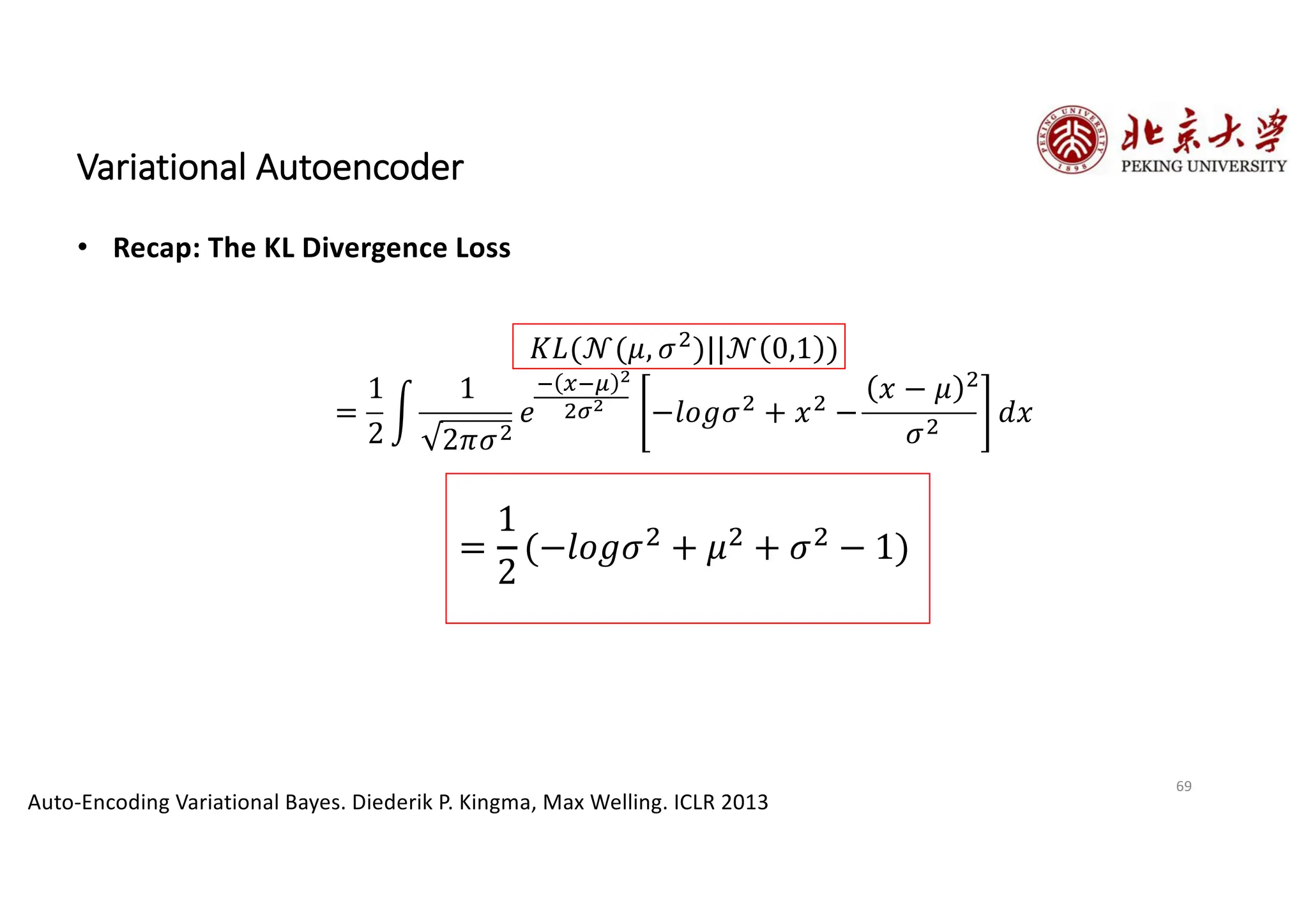 69
Variational Autoencoder
• Recap: The KL Divergence Loss
Auto-Encoding Variational Bayes. Diederik P. Kingma, Max Welling. ICLR 2013
𝐾𝐿(𝒩(𝜇, 𝜎•)||𝒩 0,1 )
=
1
2
O
1
2𝜋𝜎•
𝑒
„ …„† 5
•‡5
−𝑙𝑜𝑔𝜎• + 𝑥• −
𝑥 − 𝜇 •
𝜎•
𝑑𝑥
释
=
1
2
(−𝑙𝑜𝑔𝜎" + 𝜇" + 𝜎" − 1)
 