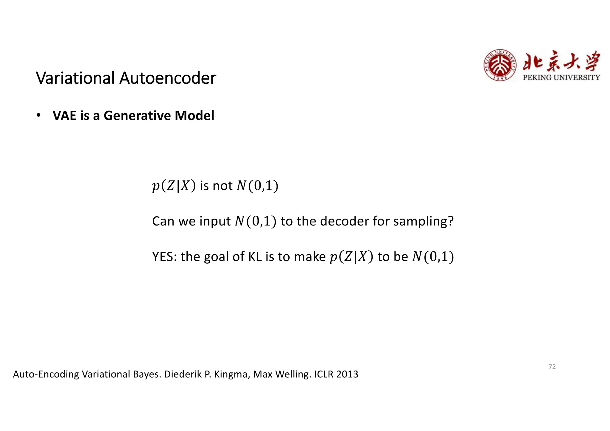 72
Variational Autoencoder
• VAE is a Generative Model
Auto-Encoding Variational Bayes. Diederik P. Kingma, Max Welling. ICLR 2013
𝑝 𝑍|𝑋 is not 𝑁(0,1)
Can we input 𝑁(0,1) to the decoder for sampling?
YES: the goal of KL is to make 𝑝 𝑍|𝑋 to be 𝑁(0,1)
 
