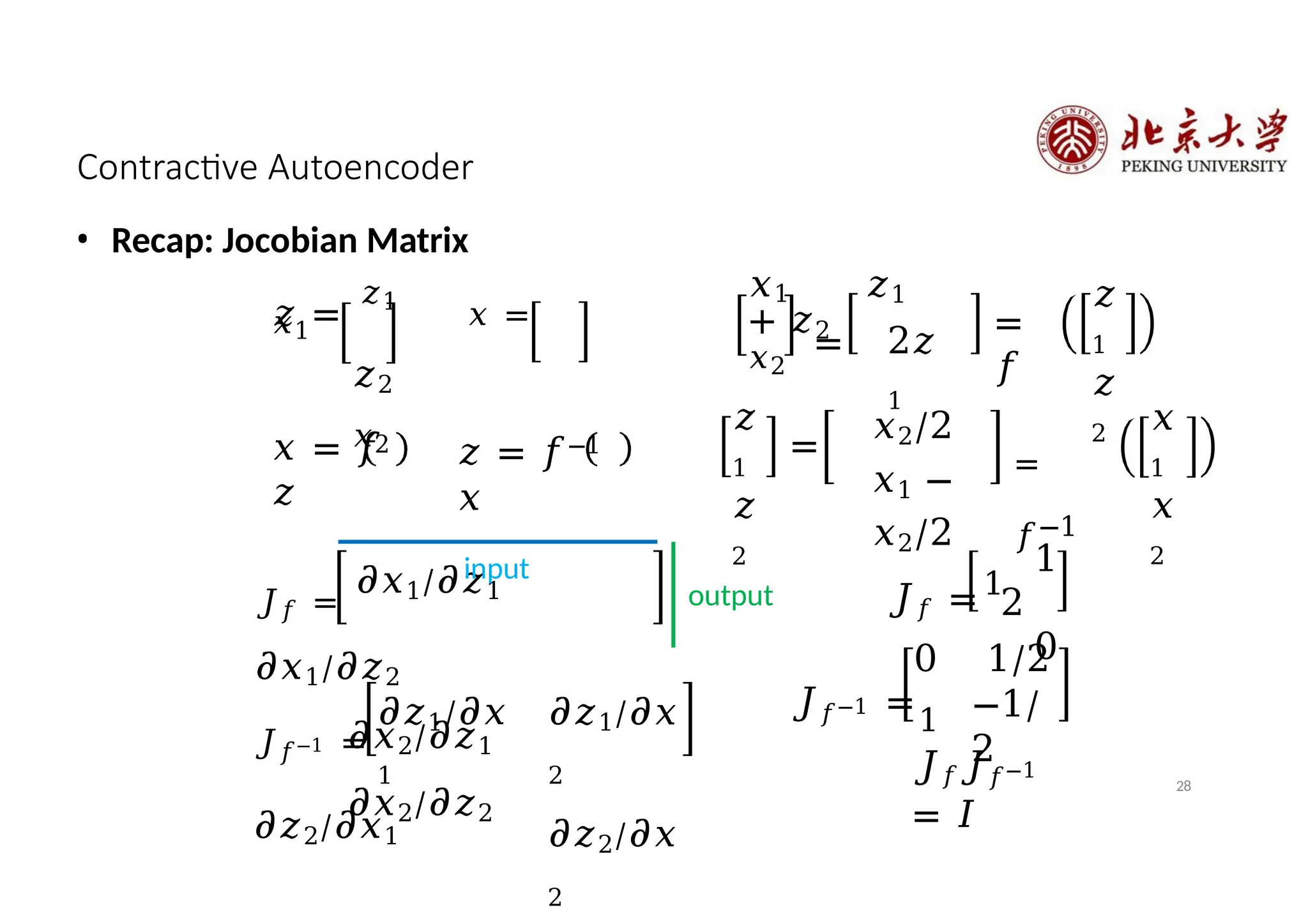 𝑥 = 𝑓
𝑧
𝑧 =
𝑧1
𝑥 =
𝑥1
𝑧2
𝑥2
𝐽𝑓 =
𝜕𝑥1⁄𝜕𝑧1
𝜕𝑥1⁄𝜕𝑧2
𝜕𝑥2⁄𝜕𝑧1
𝜕𝑥2⁄𝜕𝑧2
𝜕𝑧1⁄𝜕𝑥
1
𝐽𝑓−1 =
𝜕𝑧2⁄𝜕𝑥1
𝜕𝑧1⁄𝜕𝑥
2
𝜕𝑧2⁄𝜕𝑥
2
𝑧 = 𝑓−1
𝑥
input
2𝑧
1
=
𝑓
𝑧
1
𝑧
2
𝐽𝑓 = 1
1
2
0
𝑥1 𝑧1
+ 𝑧2
𝑥2
=
𝑥2/2
𝑥1 −
𝑥2/2
=
𝑓−1
𝑥
1
𝑥
2
𝑧
1
𝑧
2
=
𝐽𝑓−1 =1
0 1/2
−1/
2
output
𝐽𝑓𝐽𝑓−1
= 𝐼
28
Contractive Autoencoder
• Recap: Jocobian Matrix
 