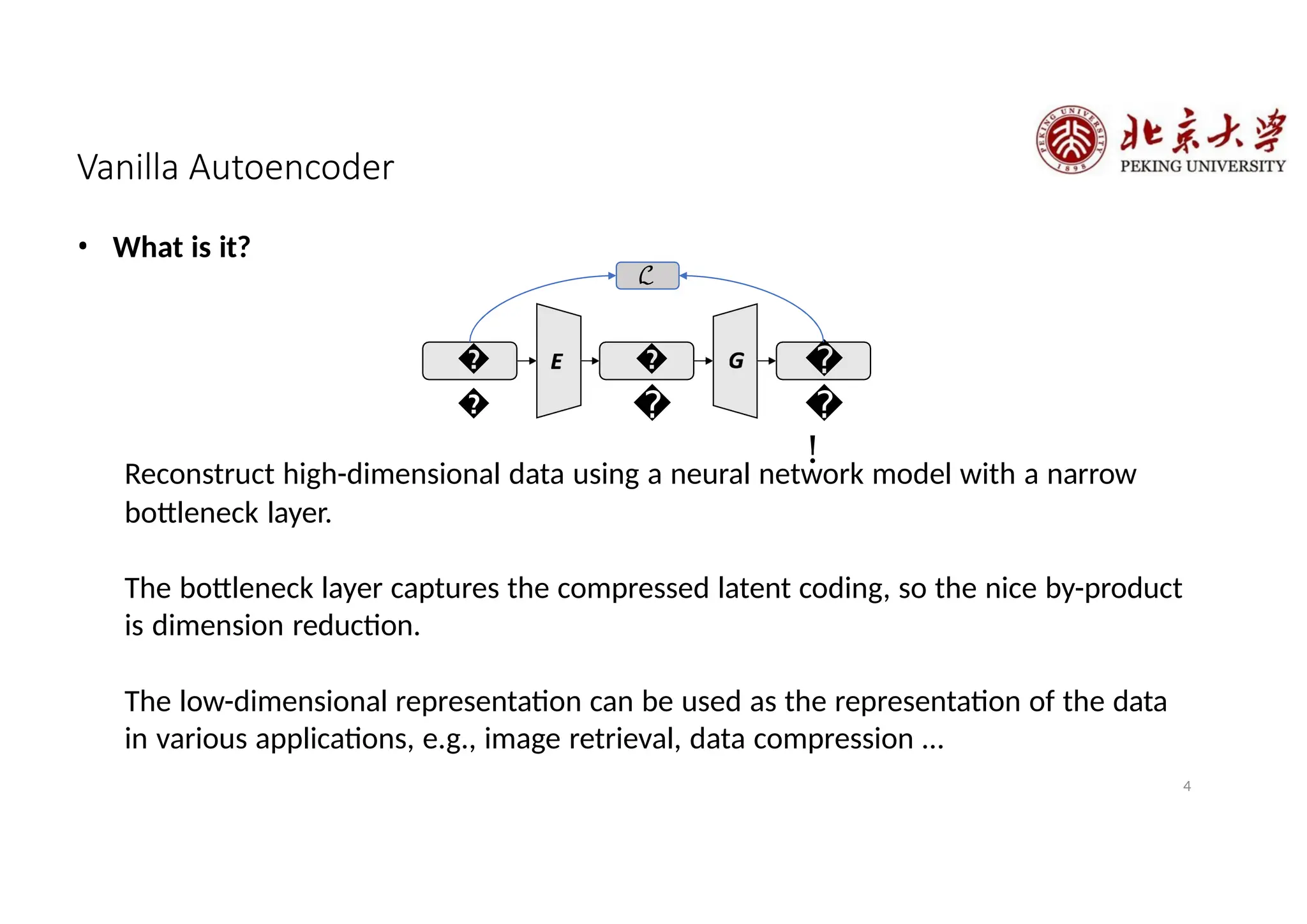 Vanilla Autoencoder
• What is it?
Reconstruct high-dimensional data using a neural network model with a narrow
bottleneck layer.
The bottleneck layer captures the compressed latent coding, so the nice by-product
is dimension reduction.
The low-dimensional representation can be used as the representation of the data
in various applications, e.g., image retrieval, data compression …
�
�
!
�
�
�
�
ℒ
4
 