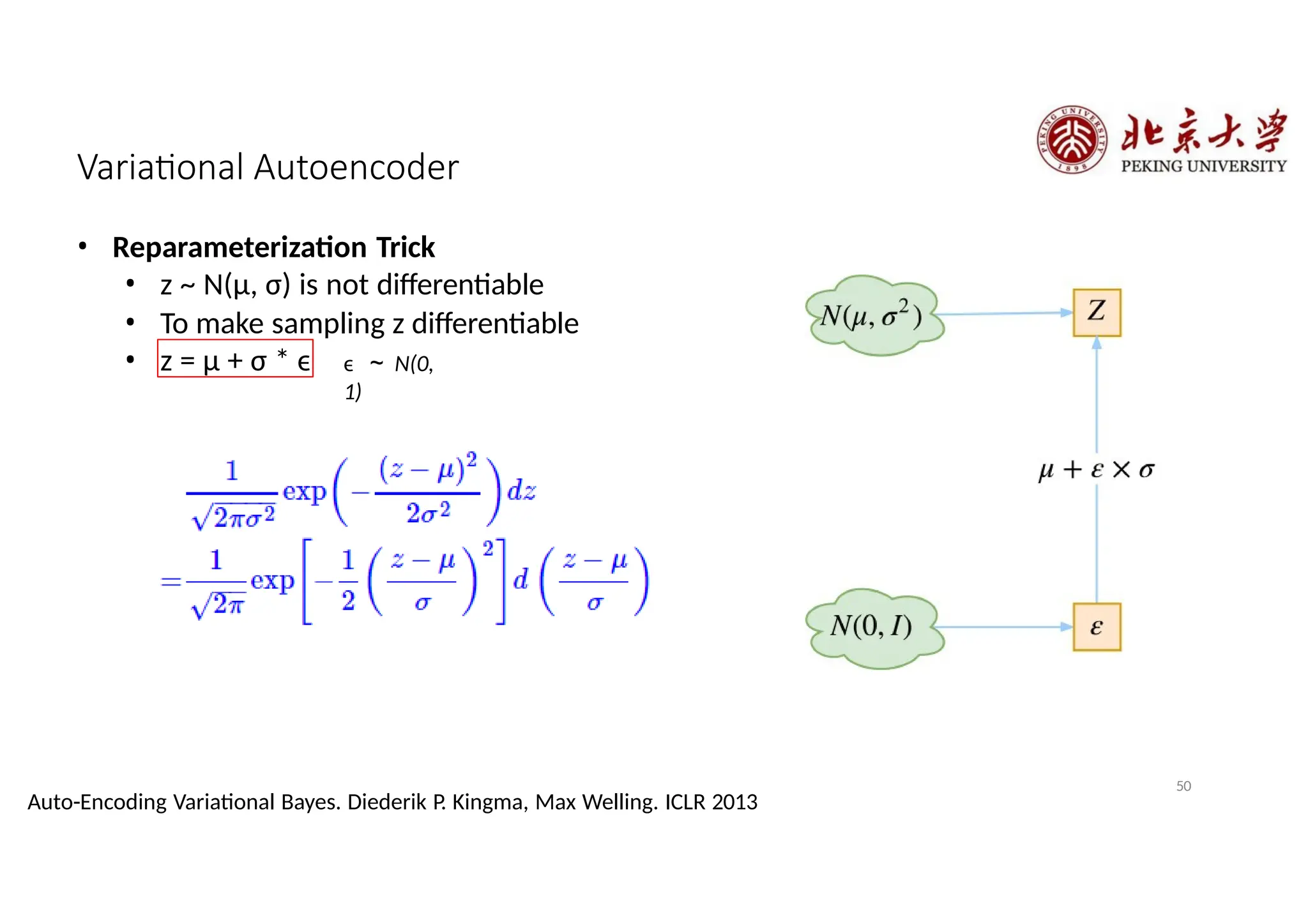 Variational Autoencoder
• Reparameterization Trick
• z ~ N(μ, σ) is not differentiable
• To make sampling z differentiable
• z = μ + σ * ϵ ϵ ～ N(0,
1)
50
Auto-Encoding Variational Bayes. Diederik P. Kingma, Max Welling. ICLR 2013
 