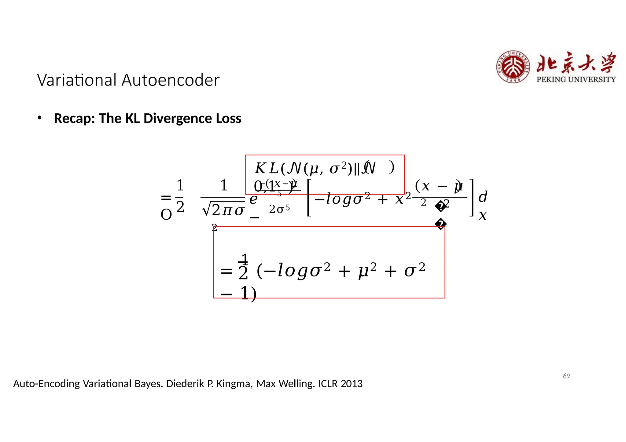 Variational Autoencoder
• Recap: The KL Divergence Loss
𝐾𝐿(𝒩(𝜇, 𝜎2)||𝒩
0,1 )
1
2
=
O
1
2𝜋𝜎
2
– 𝑥–𝜇
5
2σ5
𝑒 −𝑙𝑜𝑔𝜎2 + 𝑥2
−
𝑥 − 𝜇
2
�
�
2
𝑑
𝑥
2
=
1
(−𝑙𝑜𝑔𝜎2 + 𝜇2 + 𝜎2
− 1)
69
Auto-Encoding Variational Bayes. Diederik P. Kingma, Max Welling. ICLR 2013
 