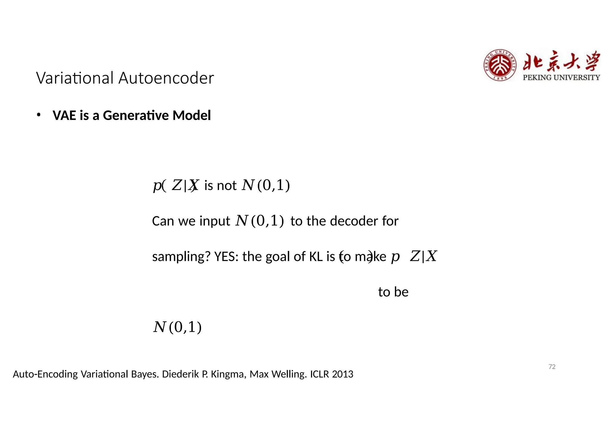 Variational Autoencoder
• VAE is a Generative Model
𝑝 𝑍|𝑋 is not 𝑁(0,1)
Can we input 𝑁(0,1) to the decoder for
sampling? YES: the goal of KL is to make 𝑝 𝑍|𝑋
to be
𝑁(0,1)
72
Auto-Encoding Variational Bayes. Diederik P. Kingma, Max Welling. ICLR 2013
 