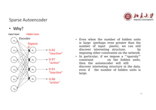 Sparse Autoencoder
• Why?
• Even when the number of hidden units
is large (perhaps even greater than the
number of input pixels), we can still
discover interesting structure, by
imposing other constraints on the network.
• In particular, if we impose a ”‘sparsity”’
constraint on the hidden units,
then the autoencoder will still
discover interesting structure in the data,
even if the number of hidden units is
large.
𝑥1
𝑥2
𝑥3
𝑎1
𝑎2
𝑎3
𝑥4
𝑥5
𝑥6
𝑎4
input layer hidden layer
18
0.02
“inactive”
0.97
“active”
0.01
“inactive”
0.98
“active”
Encoder
Sigmoi
d
 