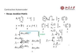 𝑥 = 𝑓
𝑧
𝑧 =
𝑧1
𝑥 =
𝑥1
𝑧2
𝑥2
𝐽𝑓 =
𝜕𝑥1⁄𝜕𝑧1
𝜕𝑥1⁄𝜕𝑧2
𝜕𝑥2⁄𝜕𝑧1
𝜕𝑥2⁄𝜕𝑧2
𝜕𝑧1⁄𝜕𝑥
1
𝐽𝑓−1 =
𝜕𝑧2⁄𝜕𝑥1
𝜕𝑧1⁄𝜕𝑥
2
𝜕𝑧2⁄𝜕𝑥
2
𝑧 = 𝑓−1
𝑥
input
2𝑧
1
=
𝑓
𝑧
1
𝑧
2
𝐽𝑓 = 1
1
2
0
𝑥1 𝑧1
+ 𝑧2
𝑥2
=
𝑥2/2
𝑥1 −
𝑥2/2
=
𝑓−1
𝑥
1
𝑥
2
𝑧
1
𝑧
2
=
𝐽𝑓−1 =1
0 1/2
−1/
2
output
𝐽𝑓𝐽𝑓−1
= 𝐼
28
Contractive Autoencoder
• Recap: Jocobian Matrix
 