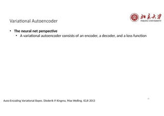 Variational Autoencoder
45
Auto-Encoding Variational Bayes. Diederik P. Kingma, Max Welling. ICLR 2013
• The neural net perspective
• A variational autoencoder consists of an encoder, a decoder, and a loss function
 