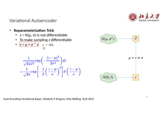 Variational Autoencoder
• Reparameterization Trick
• z ~ N(μ, σ) is not differentiable
• To make sampling z differentiable
• z = μ + σ * ϵ ϵ ～ N(0,
1)
50
Auto-Encoding Variational Bayes. Diederik P. Kingma, Max Welling. ICLR 2013
 