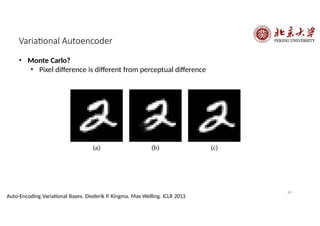 Variational Autoencoder
• Monte Carlo?
• Pixel difference is different from perceptual difference
60
Auto-Encoding Variational Bayes. Diederik P. Kingma, Max Welling. ICLR 2013
 