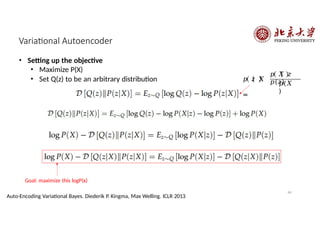 Variational Autoencoder
• Setting up the objective
• Maximize P(X)
• Set Q(z) to be an arbitrary distribution 𝑝 𝑧 𝑋
=
𝑝 𝑋 𝑧
𝑝(𝑧)
64
Auto-Encoding Variational Bayes. Diederik P. Kingma, Max Welling. ICLR 2013
𝑝(𝑋
)
Goal: maximize this logP(x)
 