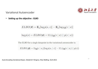 Variational Autoencoder
• Setting up the objective : ELBO
67
Auto-Encoding Variational Bayes. Diederik P. Kingma, Max Welling. ICLR 2013
 