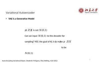 Variational Autoencoder
• VAE is a Generative Model
𝑝 𝑍|𝑋 is not 𝑁(0,1)
Can we input 𝑁(0,1) to the decoder for
sampling? YES: the goal of KL is to make 𝑝 𝑍|𝑋
to be
𝑁(0,1)
72
Auto-Encoding Variational Bayes. Diederik P. Kingma, Max Welling. ICLR 2013
 