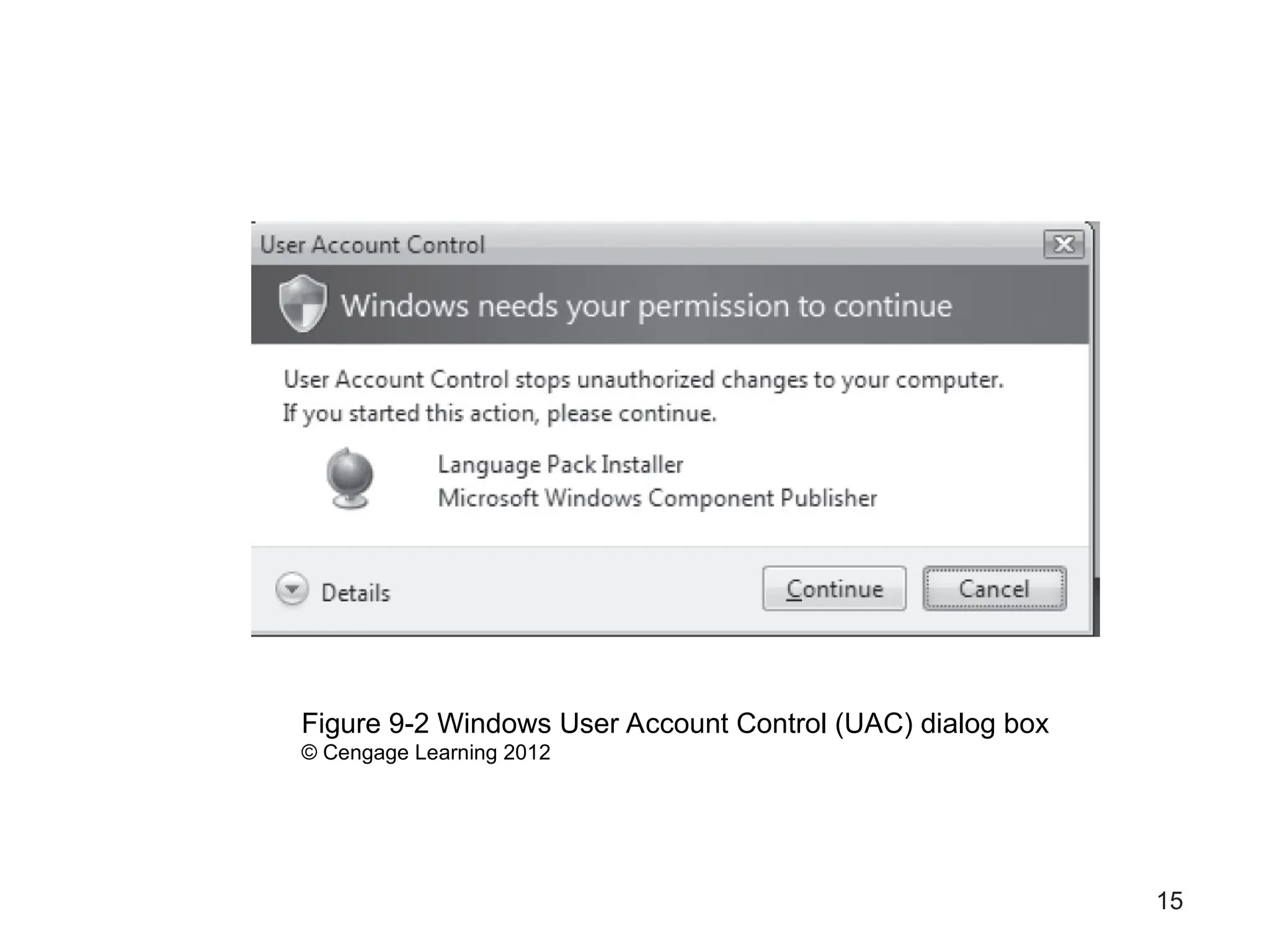 15
Figure 9-2 Windows User Account Control (UAC) dialog box
© Cengage Learning 2012
 