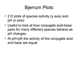 Bjerrum Plots
• 2 D plots of species activity (y axis) and
pH (x axis)
• Useful to look at how conjugate acid-base
pairs for many different species behave as
pH changes
• At pH=pK the activity of the conjugate acid
and base are equal
 