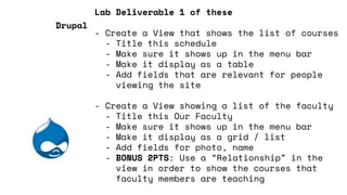 Lab Deliverable 1 of these
- Create a View that shows the list of courses
- Title this schedule
- Make sure it shows up in the menu bar
- Make it display as a table
- Add fields that are relevant for people
viewing the site
- Create a View showing a list of the faculty
- Title this Our Faculty
- Make sure it shows up in the menu bar
- Make it display as a grid / list
- Add fields for photo, name
- BONUS 2PTS: Use a “Relationship” in the
view in order to show the courses that
faculty members are teaching
Drupal
 