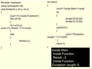 #include <iostream>
using namespace std;
void divide(int x, int y, int z)
{
cout<<"n Inside Functionn";
if((x-y)!=0)
{
int r=z/(x-y);
cout<<"n Result :"<<r<<endl;
}
else
{
throw(x-y);
}
}
int main()
{
cout<<"Inside Main"<<endl;
try
{
divide(10,20,30);
divide(10,10,20);
}
catch(int i)
{
cout<<"Exception
caught :"<<i<<endl;
}
return 0;
}
Inside Main
Inside Function
Result :-3
Inside Function
Exception caught :0
 