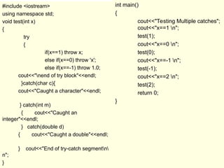 #include <iostream>
using namespace std;
void test(int x)
{
try
{
if(x==1) throw x;
else if(x==0) throw 'x';
else if(x==-1) throw 1.0;
cout<<"nend of try block"<<endl;
}catch(char c){
cout<<"Caught a character"<<endl;
} catch(int m)
{ cout<<"Caught an
integer"<<endl;
} catch(double d)
{ cout<<"Caught a double"<<endl;
} cout<<"End of try-catch segmentn
n";
}
int main()
{
cout<<"Testing Multiple catches";
cout<<"x==1 n";
test(1);
cout<<"x==0 n";
test(0);
cout<<"x==-1 n";
test(-1);
cout<<"x==2 n";
test(2);
return 0;
}
 