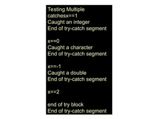 Testing Multiple
catchesx==1
Caught an integer
End of try-catch segment
x==0
Caught a character
End of try-catch segment
x==-1
Caught a double
End of try-catch segment
x==2
end of try block
End of try-catch segment
 