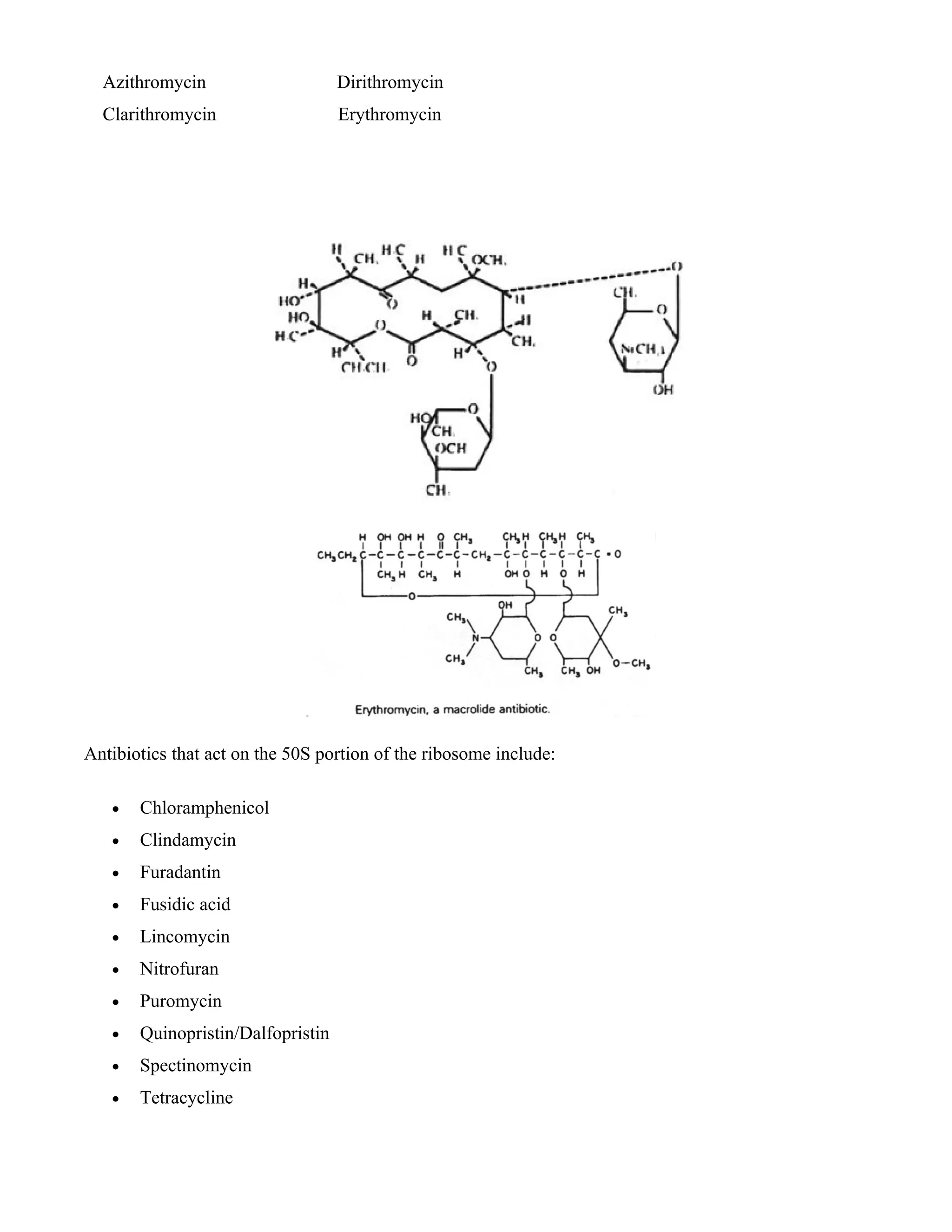Azithromycin                     Dirithromycin
  Clarithromycin                   Erythromycin




Antibiotics that act on the 50S portion of the ribosome include:

   •   Chloramphenicol
   •   Clindamycin
   •   Furadantin
   •   Fusidic acid
   •   Lincomycin
   •   Nitrofuran
   •   Puromycin
   •   Quinopristin/Dalfopristin
   •   Spectinomycin
   •   Tetracycline
 