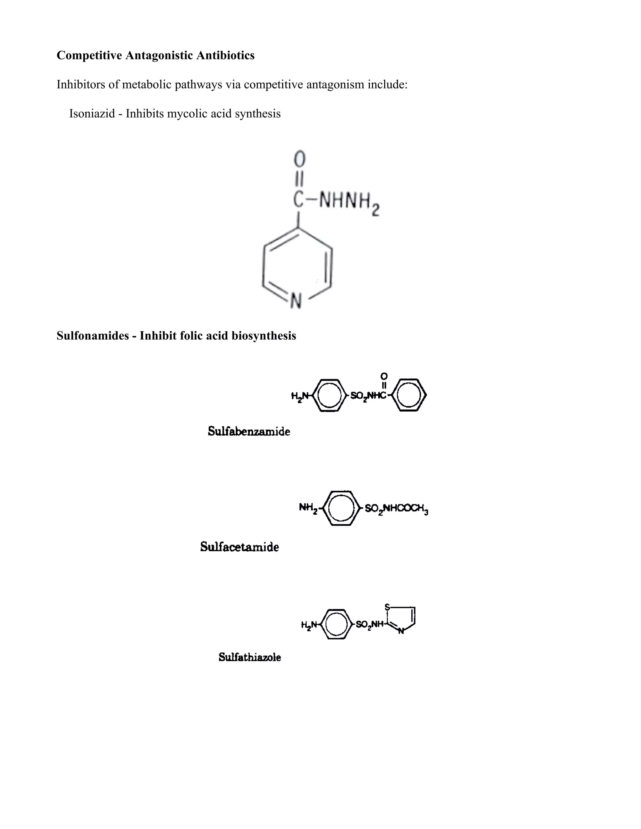 Competitive Antagonistic Antibiotics

Inhibitors of metabolic pathways via competitive antagonism include:

  Isoniazid - Inhibits mycolic acid synthesis




Sulfonamides - Inhibit folic acid biosynthesis
 