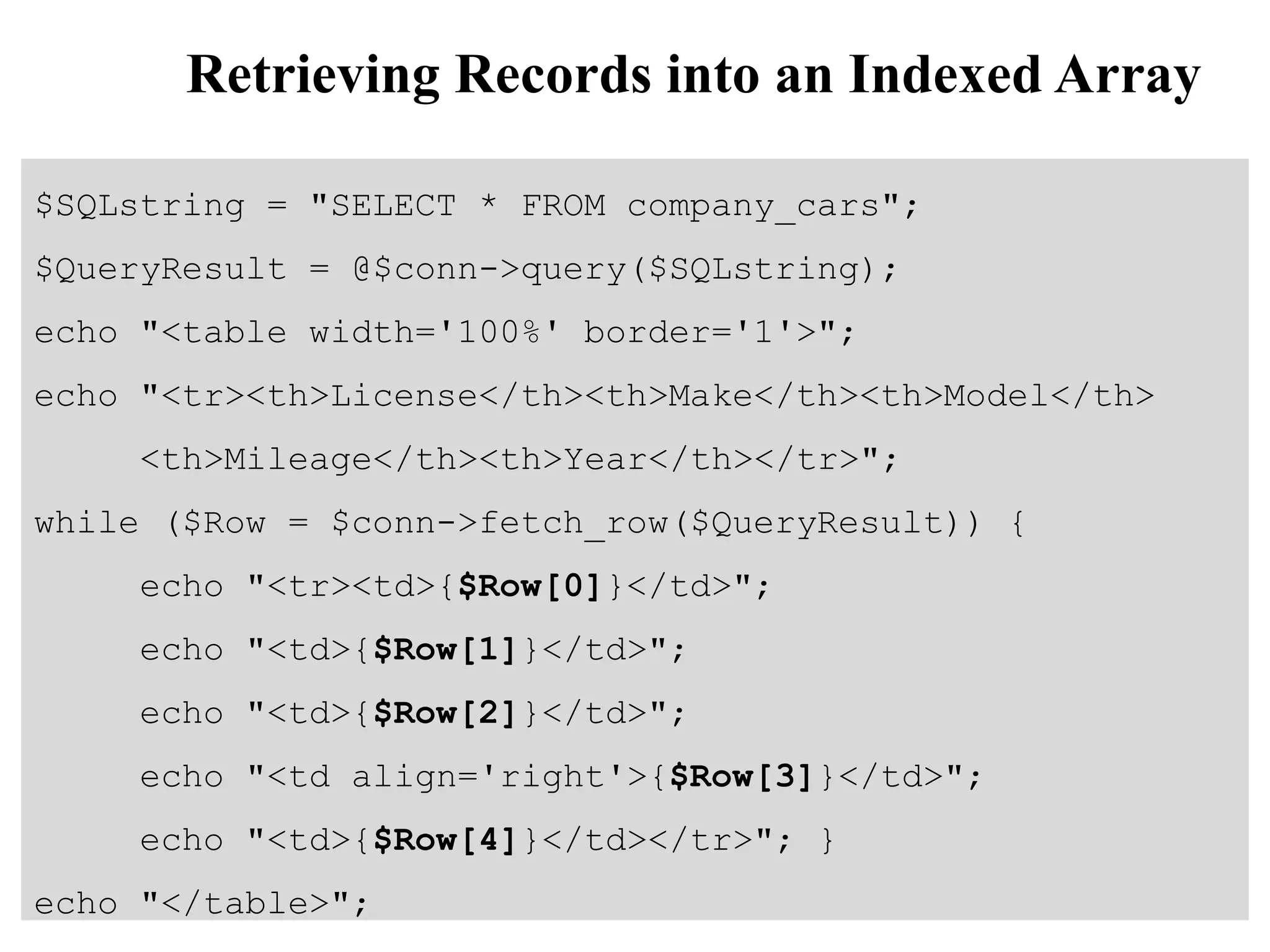 Retrieving Records into an Indexed Array
$SQLstring = "SELECT * FROM company_cars";
$QueryResult = @$conn->query($SQLstring);
echo "<table width='100%' border='1'>";
echo "<tr><th>License</th><th>Make</th><th>Model</th>
<th>Mileage</th><th>Year</th></tr>";
while ($Row = $conn->fetch_row($QueryResult)) {
echo "<tr><td>{$Row[0]}</td>";
echo "<td>{$Row[1]}</td>";
echo "<td>{$Row[2]}</td>";
echo "<td align='right'>{$Row[3]}</td>";
echo "<td>{$Row[4]}</td></tr>"; }
echo "</table>";
 