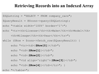 Retrieving Records into an Indexed Array
$SQLstring = "SELECT * FROM company_cars";
$QueryResult = @$conn->query($SQLstring);
echo "<table width='100%' border='1'>";
echo "<tr><th>License</th><th>Make</th><th>Model</th>
<th>Mileage</th><th>Year</th></tr>";
while ($Row = $conn->fetch_row($QueryResult)) {
echo "<tr><td>{$Row[0]}</td>";
echo "<td>{$Row[1]}</td>";
echo "<td>{$Row[2]}</td>";
echo "<td align='right'>{$Row[3]}</td>";
echo "<td>{$Row[4]}</td></tr>"; }
echo "</table>";
 