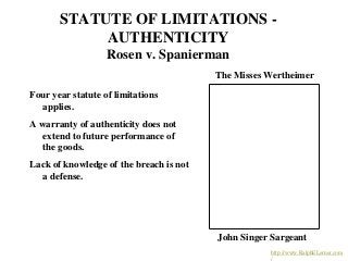 STATUTE OF LIMITATIONS -
AUTHENTICITY
Rosen v. Spanierman
Four year statute of limitations
applies.
A warranty of authenti...