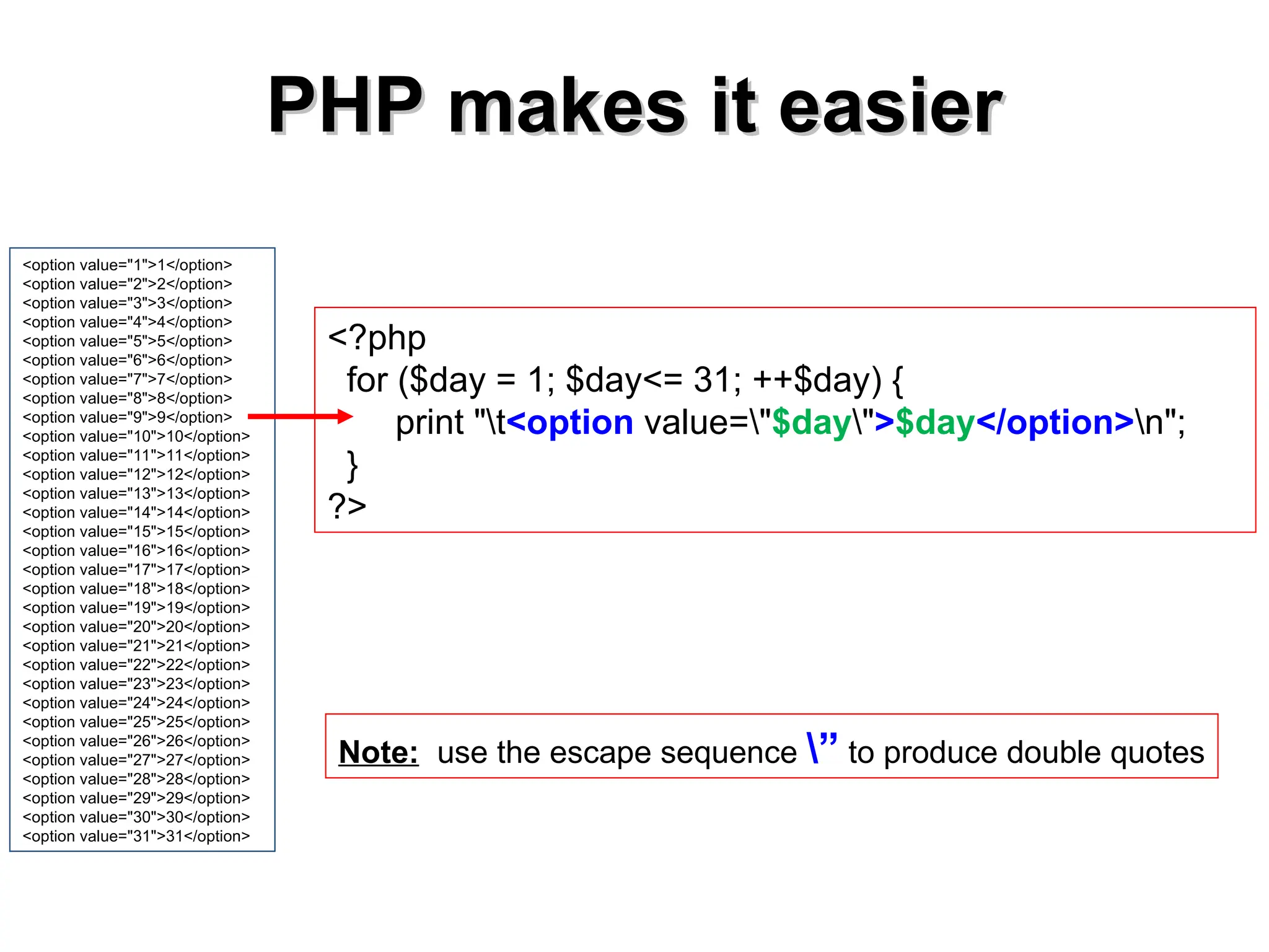 PHP makes it easier
PHP makes it easier
<option value="1">1</option>
<option value="2">2</option>
<option value="3">3</option>
<option value="4">4</option>
<option value="5">5</option>
<option value="6">6</option>
<option value="7">7</option>
<option value="8">8</option>
<option value="9">9</option>
<option value="10">10</option>
<option value="11">11</option>
<option value="12">12</option>
<option value="13">13</option>
<option value="14">14</option>
<option value="15">15</option>
<option value="16">16</option>
<option value="17">17</option>
<option value="18">18</option>
<option value="19">19</option>
<option value="20">20</option>
<option value="21">21</option>
<option value="22">22</option>
<option value="23">23</option>
<option value="24">24</option>
<option value="25">25</option>
<option value="26">26</option>
<option value="27">27</option>
<option value="28">28</option>
<option value="29">29</option>
<option value="30">30</option>
<option value="31">31</option>
<?php
for ($day = 1; $day<= 31; ++$day) {
print "t<option value="$day">$day</option>n";
}
?>
Note: use the escape sequence ” to produce double quotes
 