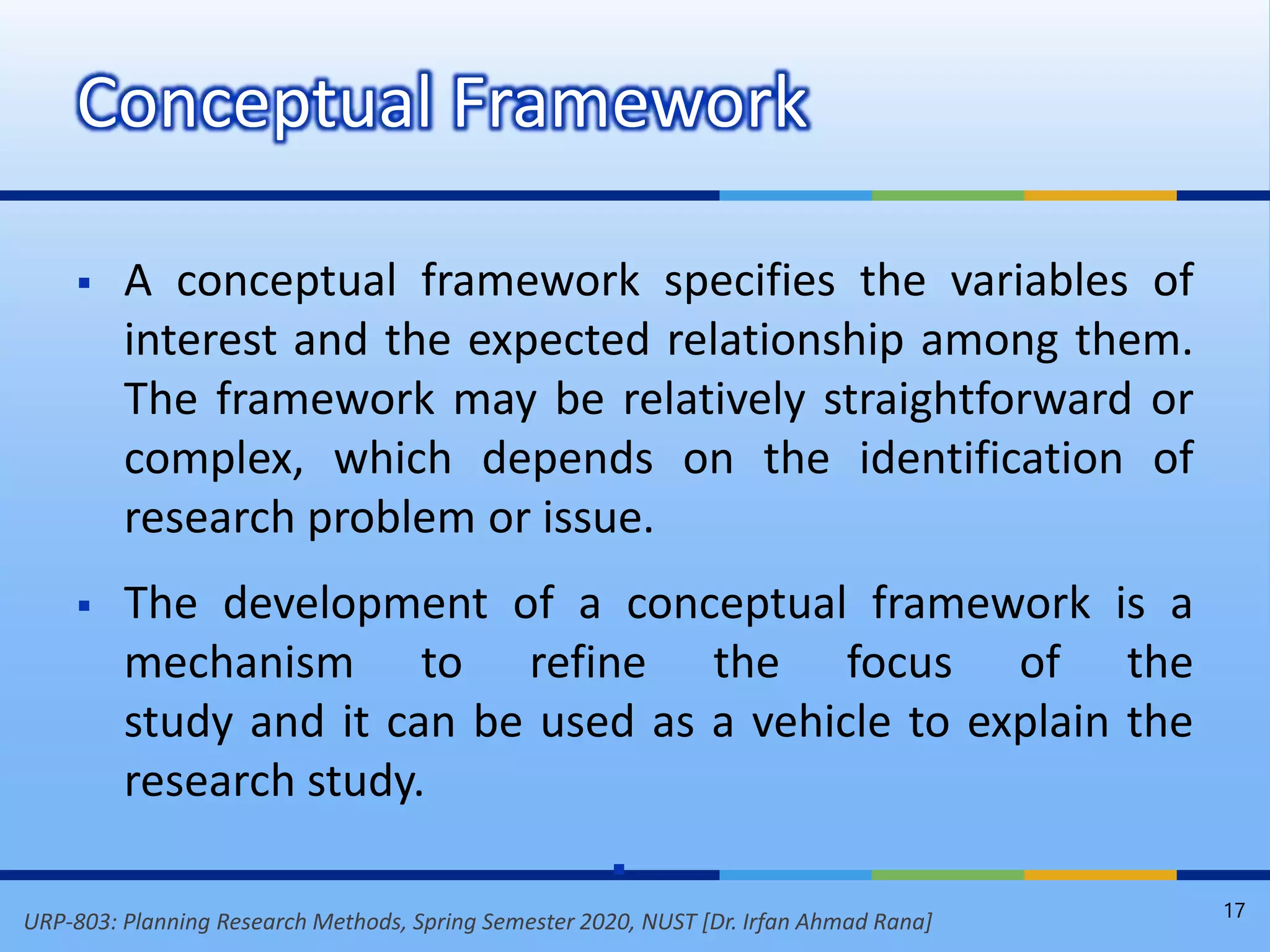 URP-803: Planning Research Methods, Spring Semester 2020, NUST [Dr. Irfan Ahmad Rana]
 A conceptual framework specifies the variables of
interest and the expected relationship among them.
The framework may be relatively straightforward or
complex, which depends on the identification of
research problem or issue.
 The development of a conceptual framework is a
mechanism to refine the focus of the
study and it can be used as a vehicle to explain the
research study.

Conceptual Framework
17
 