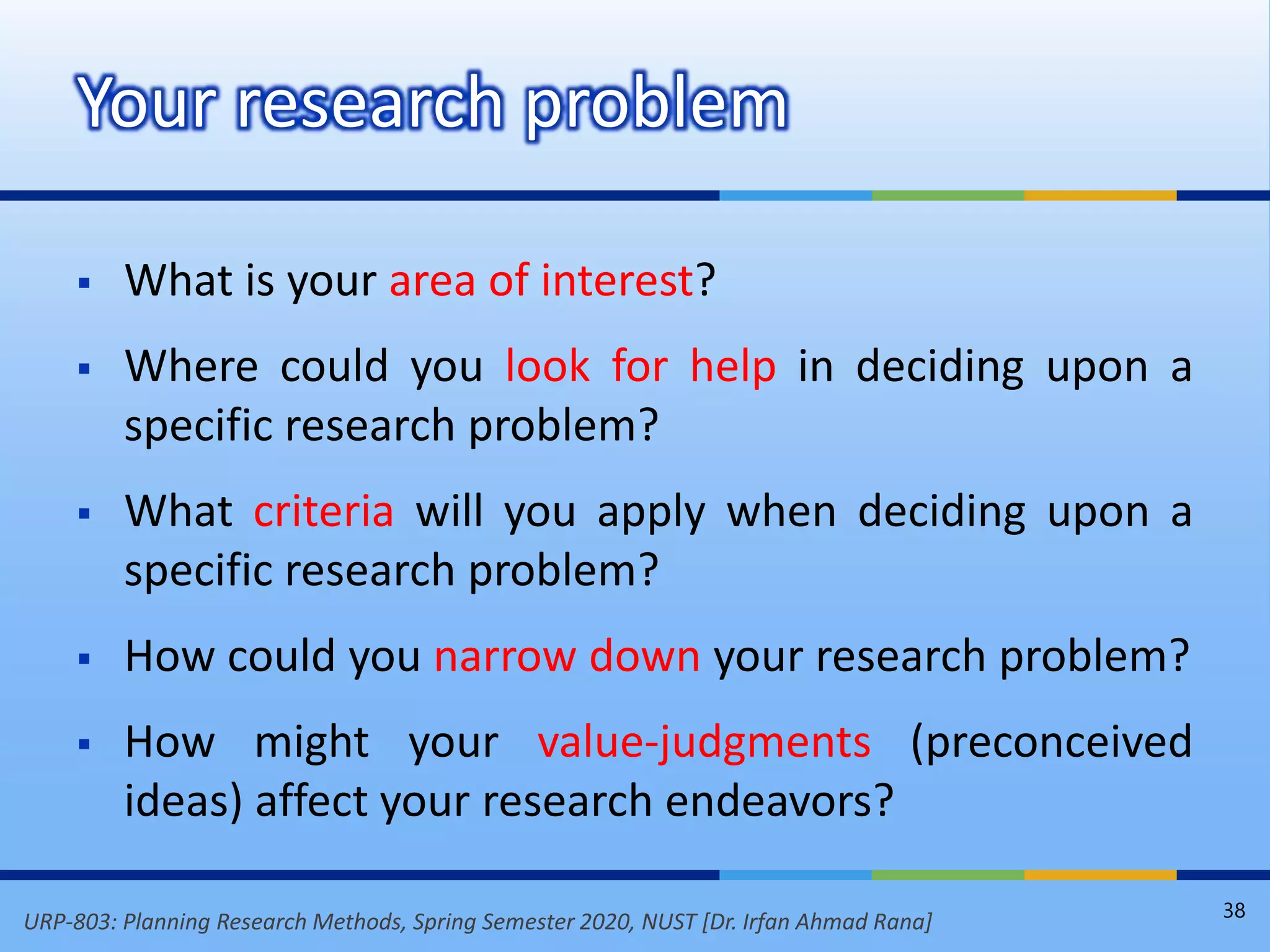 URP-803: Planning Research Methods, Spring Semester 2020, NUST [Dr. Irfan Ahmad Rana]
 What is your area of interest?
 Where could you look for help in deciding upon a
specific research problem?
 What criteria will you apply when deciding upon a
specific research problem?
 How could you narrow down your research problem?
 How might your value-judgments (preconceived
ideas) affect your research endeavors?
Your research problem
38
 