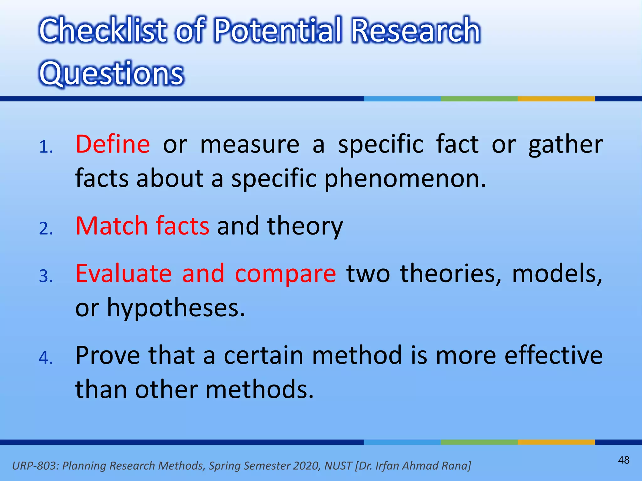 URP-803: Planning Research Methods, Spring Semester 2020, NUST [Dr. Irfan Ahmad Rana]
1. Define or measure a specific fact or gather
facts about a specific phenomenon.
2. Match facts and theory
3. Evaluate and compare two theories, models,
or hypotheses.
4. Prove that a certain method is more effective
than other methods.
Checklist of Potential Research
Questions
48
 