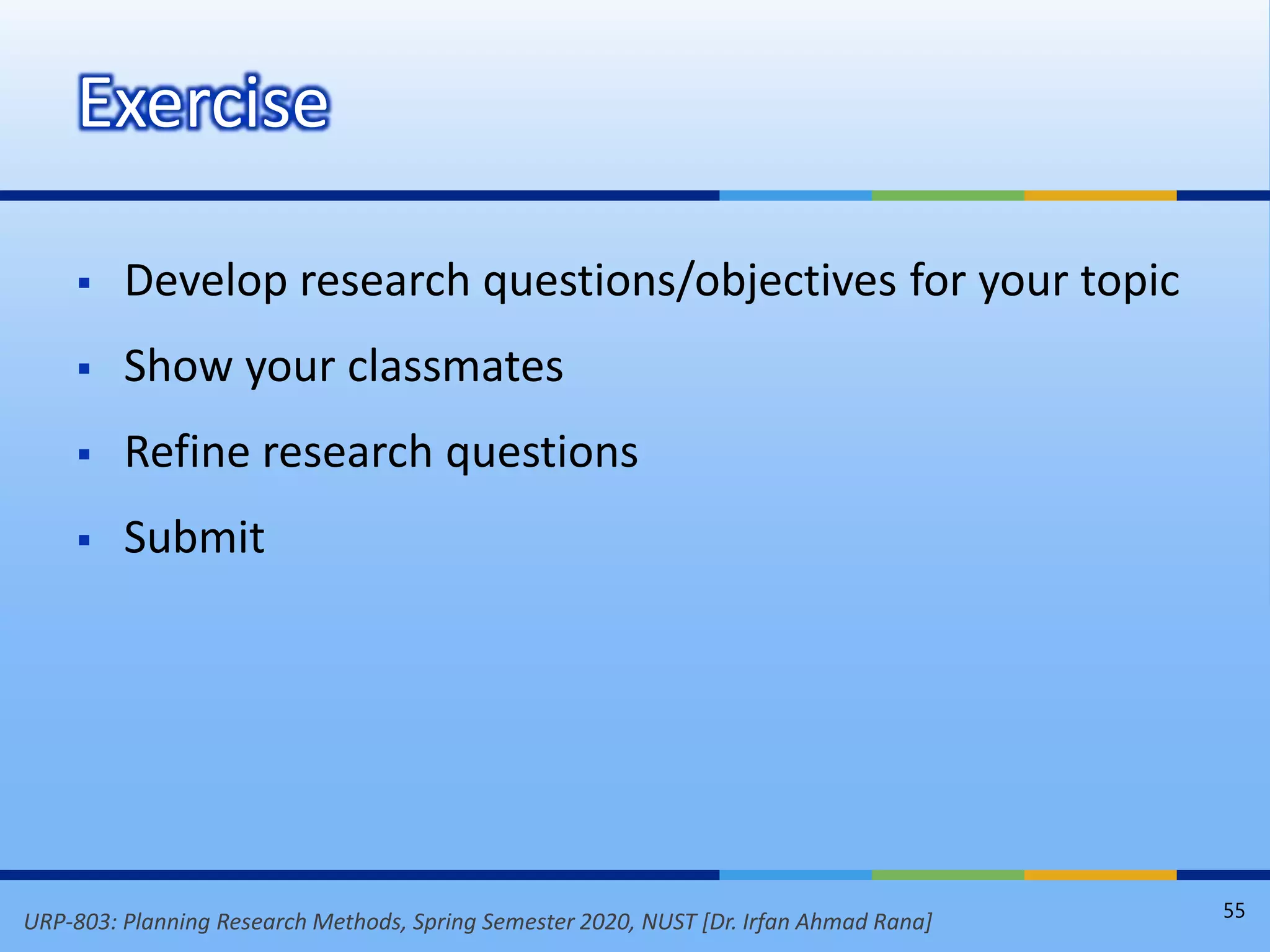 URP-803: Planning Research Methods, Spring Semester 2020, NUST [Dr. Irfan Ahmad Rana]
 Develop research questions/objectives for your topic
 Show your classmates
 Refine research questions
 Submit
Exercise
55
 