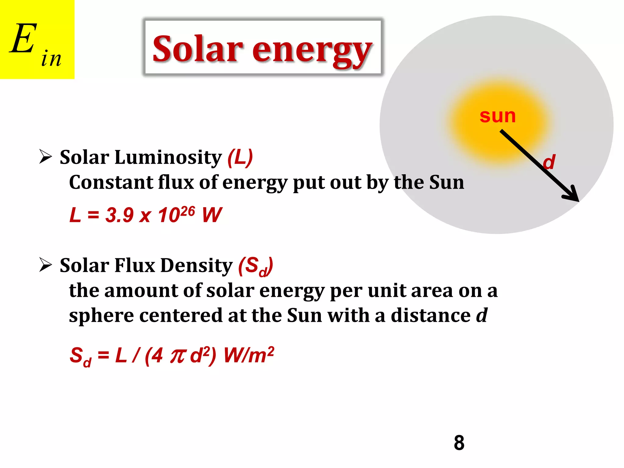 E in

Solar energy
sun

 Solar Luminosity (L)
Constant flux of energy put out by the Sun
L = 3.9 x 1026 W

 Solar Flux Density (Sd)
the amount of solar energy per unit area on a
sphere centered at the Sun with a distance d
Sd = L / (4 p d2) W/m2

8

d

 