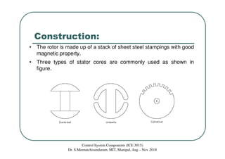 Construction:
• The rotor is made up of a stack of sheet steel stampings with good
magnetic property.
• Three types of stator cores are commonly used as shown in
figure.
Control System Components (ICE 3015)
Dr. S.Meenatchisundaram, MIT, Manipal, Aug – Nov 2018
 