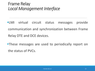 Frame Relay
Local Management Interface
LMI virtual circuit status messages provide
communication and synchronization between Frame
Relay DTE and DCE devices.
These messages are used to periodically report on
the status of PVCs.
FRAME RELAY 25
 