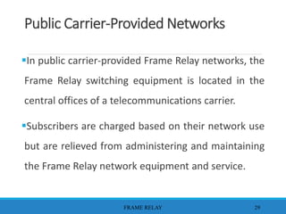 Public Carrier-Provided Networks
In public carrier-provided Frame Relay networks, the
Frame Relay switching equipment is located in the
central offices of a telecommunications carrier.
Subscribers are charged based on their network use
but are relieved from administering and maintaining
the Frame Relay network equipment and service.
FRAME RELAY 29
 