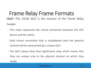 Frame Relay Frame Formats
DLCI—The 10-bit DLCI is the essence of the Frame Relay
header.
◦ This value represents the virtual connection between the DTE
device and the switch.
◦ Each virtual connection that is multiplexed onto the physical
channel will be represented by a unique DLCI.
◦ The DLCI values have local significance only, which means that
they are unique only to the physical channel on which they
reside.
FRAME RELAY 34
 