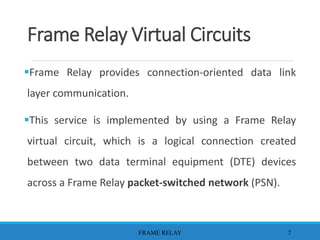 Frame Relay Virtual Circuits
Frame Relay provides connection-oriented data link
layer communication.
This service is implemented by using a Frame Relay
virtual circuit, which is a logical connection created
between two data terminal equipment (DTE) devices
across a Frame Relay packet-switched network (PSN).
FRAME RELAY 7
 