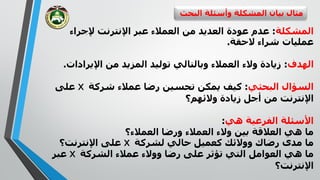 ‫ال‬ ‫وأسئلة‬ ‫المشكلة‬ ‫بيان‬ ‫مثال‬‫بحث‬
‫المشكلة‬:‫عودة‬ ‫عدم‬‫إلجراء‬ ‫اإلنترنت‬ ‫عبر‬ ‫العمالء‬ ‫من‬ ‫العديد‬
‫الحقة‬ ‫شراء‬ ‫عمليات‬.
‫الهدف‬:‫اإليرادا‬ ‫من‬ ‫المزيد‬ ‫توليد‬ ‫وبالتالي‬ ‫العمالء‬ ‫والء‬ ‫زيادة‬‫ت‬.
‫البحثي‬ ‫السؤال‬:‫رضا‬ ‫تحسين‬ ‫يمكن‬ ‫كيف‬‫شركة‬ ‫عمالء‬X‫على‬
‫زيادة‬ ‫أجل‬ ‫من‬ ‫اإلنترنت‬‫والئهم‬‫؟‬
‫هي‬ ‫الفرعية‬ ‫األسئلة‬:
‫العمالء؟‬ ‫ورضا‬ ‫العمالء‬ ‫والء‬ ‫بين‬ ‫العالقة‬ ‫هي‬ ‫ما‬
‫لشركة‬ ‫حالي‬ ‫كعميل‬ ‫ووالئك‬ ‫رضاك‬ ‫مدى‬ ‫ما‬X‫اإلنترنت؟‬ ‫على‬
‫الشركة‬ ‫عمالء‬ ‫ووالء‬ ‫رضا‬ ‫على‬ ‫تؤثر‬ ‫التي‬ ‫العوامل‬ ‫هي‬ ‫ما‬X‫عبر‬
‫اإلنترنت؟‬
 