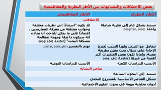 ‫والمف‬ ‫النظرية‬ ‫األطر‬ ‫بين‬ ‫والتشابهات‬ ‫االختالفات‬ ‫بعض‬‫اهيمية‬
‫االطار‬‫المفاهيمي‬ ‫النظري‬ ‫اإلطار‬
‫االختالفات‬
‫يكون‬ ‫قد‬"‫مختلف‬ ‫نظريات‬ ‫إلى‬ ‫ا‬ً‫د‬‫استنا‬‫ة‬
، ‫الممارسين‬ ‫معرفة‬ ‫من‬ ‫مختلفة‬ ‫وجوانب‬
‫يجادل‬ ‫أن‬ ‫للباحث‬ ‫يمكن‬ ‫ما‬ ‫على‬ ‫ا‬ً‫د‬‫اعتما‬
‫لمعالجة‬ ‫ومهمة‬ ‫صلة‬ ‫ذا‬ ‫سيكون‬ ‫أنه‬
‫البحث‬ ‫مشكلة‬( "Lester،2005: 460)
‫تستند‬‫شاملة‬ ‫نظرية‬ ‫إلى‬ ‫عام‬ ‫بشكل‬
‫واحدة‬(Bergsten, 2007)
‫ت‬‫بالتفسير‬ ‫هتم‬(Lester, 2005:460) ‫تتعامل‬‫ق‬ُ‫ي‬ ‫السبب‬ ‫ولهذا‬ ،‫التبرير‬ ‫مع‬‫ترح‬
‫بطريقة‬ ‫معين‬ ‫بحث‬ ‫سؤال‬ ‫على‬ ‫اإلجابة‬
‫أك‬ ‫المتغيرات‬ ‫بعض‬ ‫تكون‬ ‫ولماذا‬ ،‫معينة‬‫ثر‬
‫غيرها‬ ‫من‬ ‫أهمية‬(Lester،2005: 460)
‫األنسب‬‫النوعية‬ ‫للدراسات‬ ‫الكمية‬ ‫للدراسات‬ ‫األنسب‬
‫التشابه‬ ‫عناصر‬
‫تستند‬‫السابقة‬ ‫البحوث‬ ‫إلى‬
‫تشكل‬‫البحثي‬ ‫للمشروع‬ ‫األساسية‬ ‫العناصر‬
‫االجتماعية‬ ‫العلوم‬ ‫بحوث‬ ‫في‬ ‫مهمة‬ ‫تحليلية‬ ‫أدوات‬
 