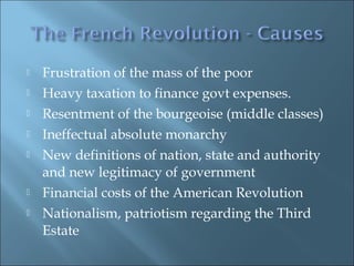  Frustration of the mass of the poor
 Heavy taxation to finance govt expenses.
 Resentment of the bourgeoise (middle classes)
 Ineffectual absolute monarchy
 New definitions of nation, state and authority
and new legitimacy of government
 Financial costs of the American Revolution
 Nationalism, patriotism regarding the Third
Estate
 