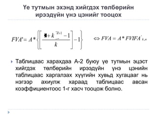 Үе тутмын эхэнд хийгдэх төлбөрийн
ирээдүйн үнэ цэнийг тооцох

FVA' A *



1 k

n 1

k

1

1

FVA

A * FVIFA ' k ,n

Таблицаас харахдаа А-2 буюу үе тутмын эцэст
хийгдэх төлбөрийн ирээдүйн үнэ цэнийн
таблицаас харгалзах хүүгийн хувьд хугацааг нь
нэгээр
ахиулж
хараад
таблицаас
авсан
коэффициентоос 1-г хасч тооцож болно.

 